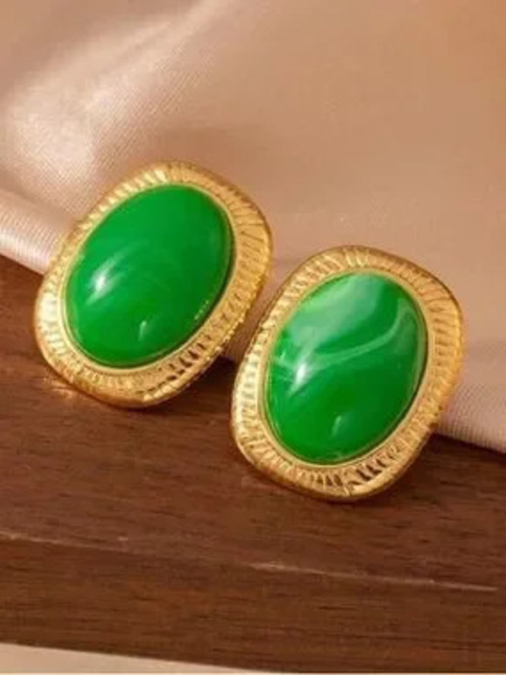 Anthropologie Gold-Tone Earrings with Bright Green Oval Cabochons